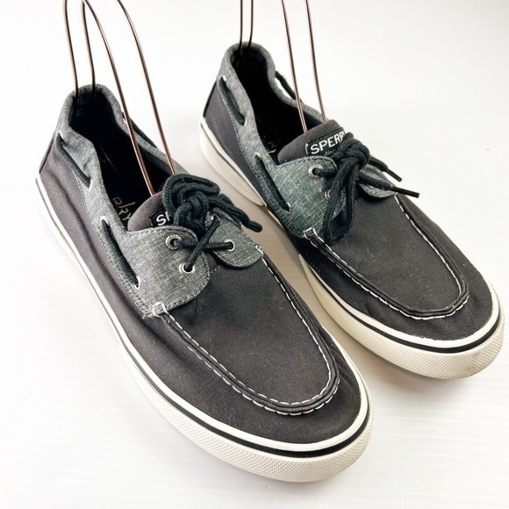 Sperry Loafer Men's 12 Grey Black Cutter 2-Eye Boat Canvas Slip On Casual Shoe